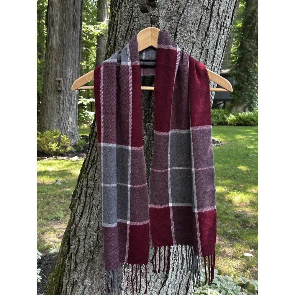 Geoffrey Beene Cashme Acrylic Plaid Scarf Made in Italy Maroon Grey Fringe SOFT!